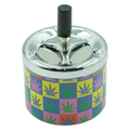 SpinTop metal ashtray pop series with chrome top black stem and colorful cannabis leaf checkerboard pattern