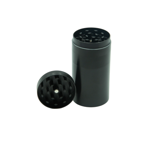 Black cylindrical metal herb grinder with textured grinding surface and central hole for easy handling stealth storage grinder