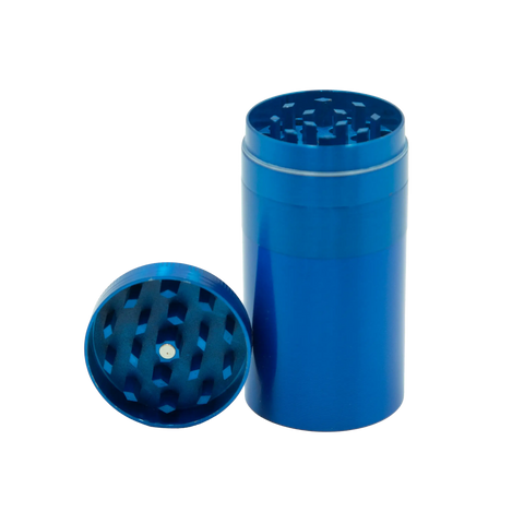 Blue cylindrical metal herb grinder with matching lid and grinding chamber from stealth storage grinder product