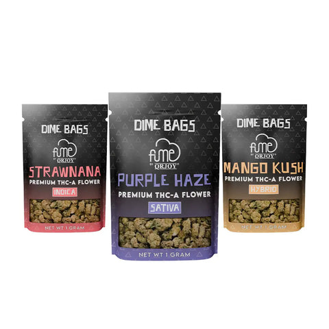 Three branded cannabis flower bags from fme by qrijoy, each labeled with a different strain and color-coded packaging.
