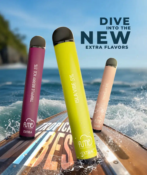Three colorful fume extra disposable vape pens, each with a distinct flavor and vibrant hue, purple for triple berry ice 5%, bright yellow for isla vibe 5%, and peach for tropilux 5%, are displayed on