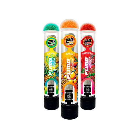 Three colorful fume joint flavored vape pens in transparent cylindrical tubes with black bases and fruit-themed labels.
