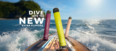 Three colorful, sleek disposable vape pens in purple, lime green, and beige stand upright on a surfboard.