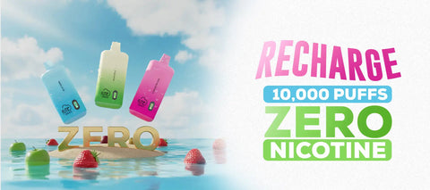 Three colorful, sleek rectangular vape pens in blue, green, and pink float above a tropical beach scene.