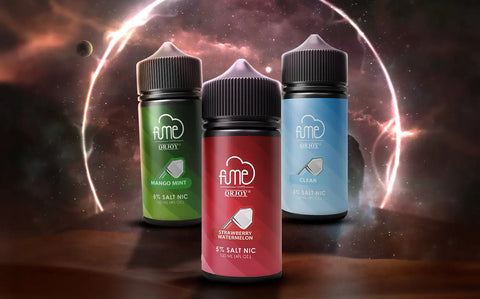 Three fume orjoy e-liquid bottles, each with a distinct flavor and color, green for mango mint, red for strawberry watermelon, and blue for clear, all featuring black caps and clear labels indicating 5% salt nicotine.