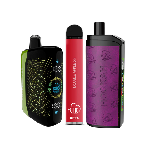 Three fume vaporizers: a black and lime green ’freeze ice’ model with glowing constellation patterns, a red ’double apple 5%’ ultra vape pen, and a purple ’hookah’ device featuring repeating brand logos.