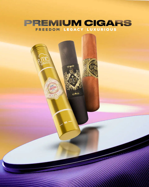 Three premium cigars, one gold with a white label and silver foil trim, another black with ornate gold detailing, and the third brown with an embossed band.