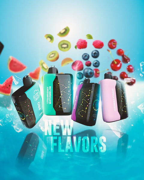 Three sleek, rectangular vape pens in teal, purple, and pink with black accents and constellation-patterned designs.