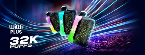 Three sleek, rectangular wiiwi plus vape pens in vibrant gradient colors, purple-to-yellow, teal, and pink, to black bodies with a starry pattern.