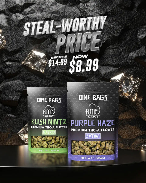 Two black and green, as well as purple and black, resealable pouches of premium thc-a flower from fume by orjoy.
