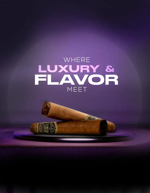 Two dark brown cigars with gold and black banding rest on a purple plate.