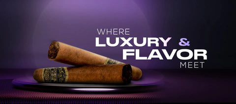 Two dark brown cigars with ornate gold and black bands rest on a purple plate.