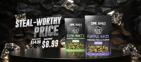 Two dime bags branded cannabis flower packages, one labeled ’kush mintz’ with a green base and the other ’purple haze’ with a purple base.