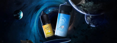 Two fume e-liquid bottles, one yellow labeled ’banana ice’ and the other blue labeled ’clear,’ set against a cosmic background.