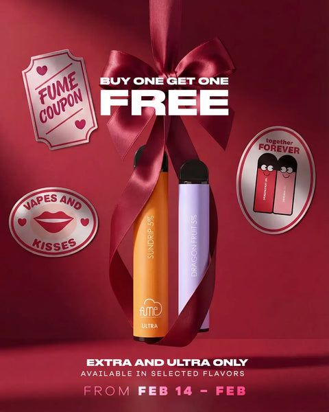 Two fume ultra vape pens, one orange and one lavender, wrapped together with a red satin ribbon.