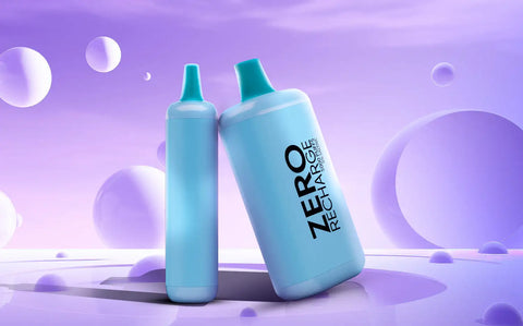 Two light blue, sleek cylindrical vaporizers with teal caps and ’zero recharge’ branding on the side.