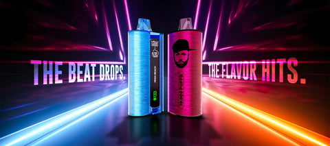 Two sleek, cylindrical vape pens , one translucent blue and the other vibrant pink with a black-and-white portrait design , stand side by side against a glowing neon backdrop.