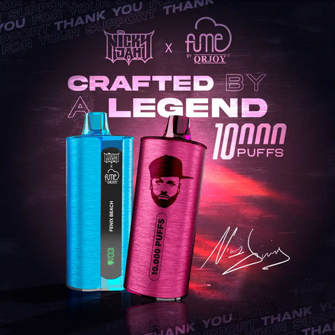 Two sleek, cylindrical vape pens , one in vibrant blue and the other in metallic pink with a stylized face design , both branded as “fenix beach” by nicki minaj x fme by qrijoy.