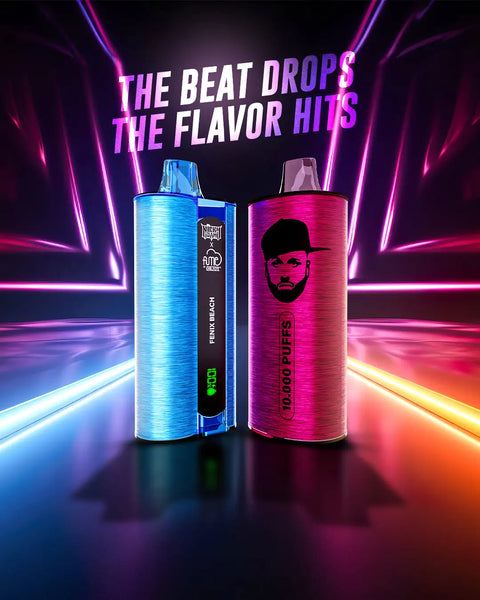 Two vibrant, cylindrical vape pens , one translucent blue with a black side panel labeled “fenix beach” and the other matte pink featuring a stylized face graphic and text reading “10.000 puffs.”