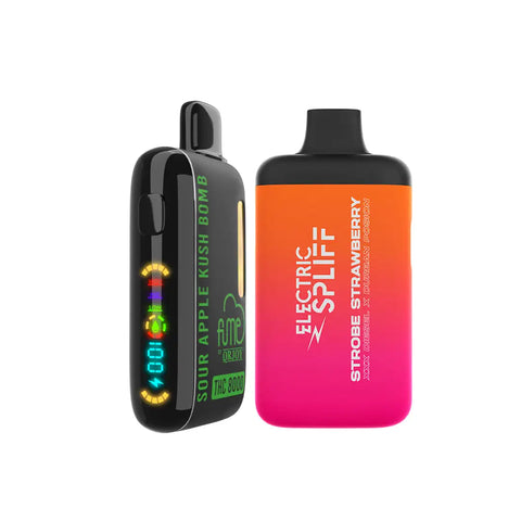 Vibrant gradient orange-to-pink disposable vape pen with black cap and ’electric spliff’ branding.