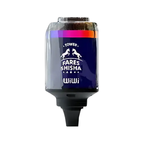 Wiwi fares shisha tower featuring a sleek transparent glass tank with a purple and orange gradient band and logo
