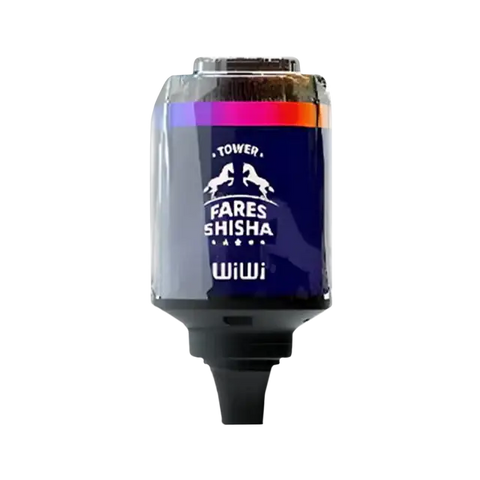 A sleek transparent glass Wiwi Fares Shisha Tower tank with a purple and orange gradient band and white logo