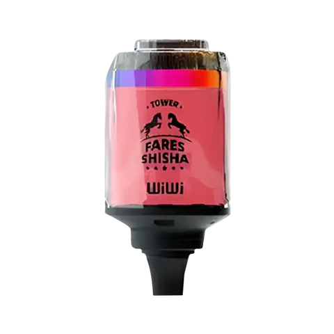 Pink and black Wiwi Fares Shisha Tower tank with colorful gradient band and Tower Fares Shisha branding visible