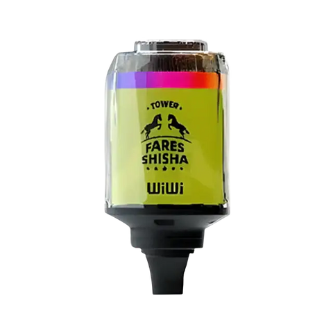 A vibrant yellow and rainbow-colored fares shisha tobacco container with black base and horse silhouettes for Wiwi Fares Shisha Tower
